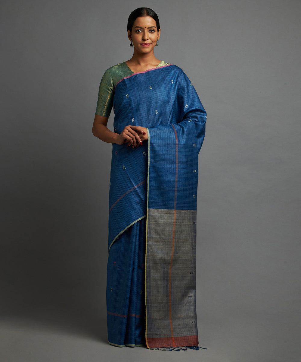 Egyptian Blue Kosa Handloom Chhattisgarh Silk Saree GoSwadeshi egyptian-blue-kosa-handloom-chhattisgarh-silk-saree-goswadeshi