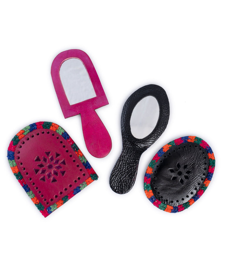 Handcrafted vegan leather hand mirror set of 2