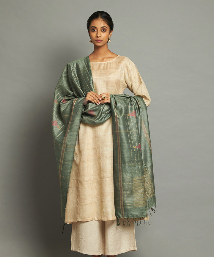 Mint green tussar silk handwoven kosa dupatta