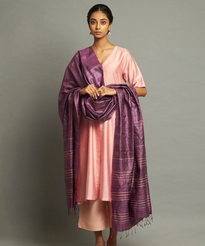 Purple tussar silk handwoven kosa dupatta