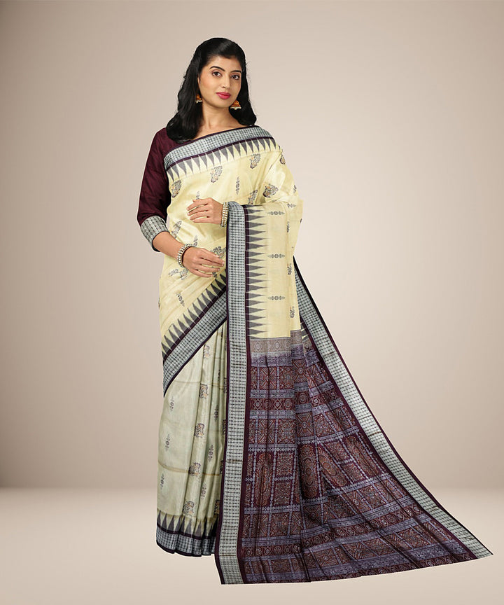 Off white dark brown silk handwoven bomkai saree