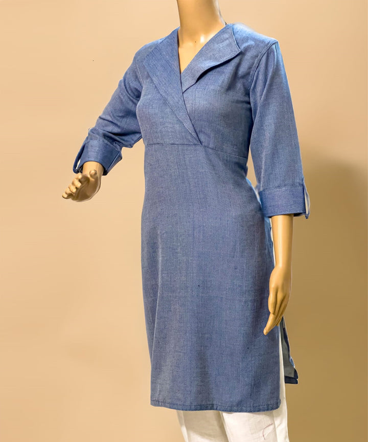 Blue handwoven cotton peaked lapel collar kurti