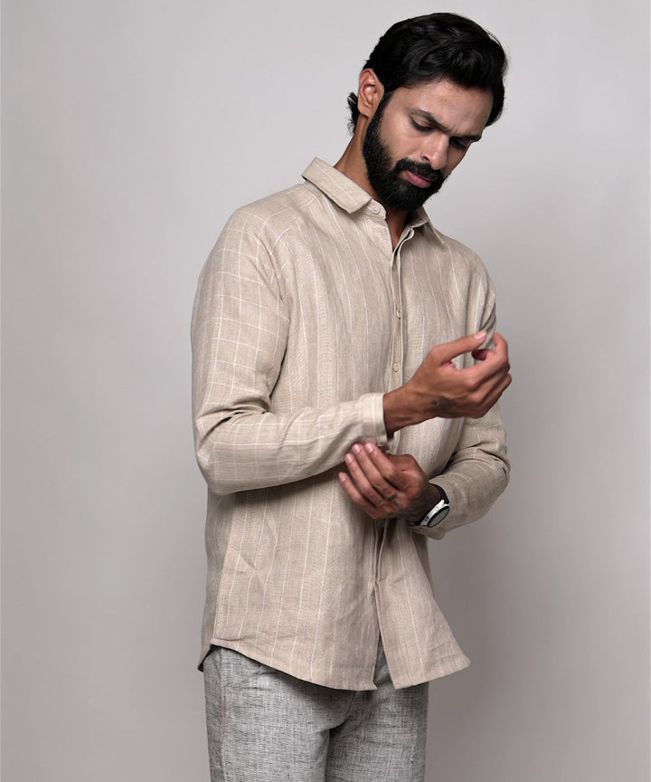 Beige stripes checks handwoven linen shirt