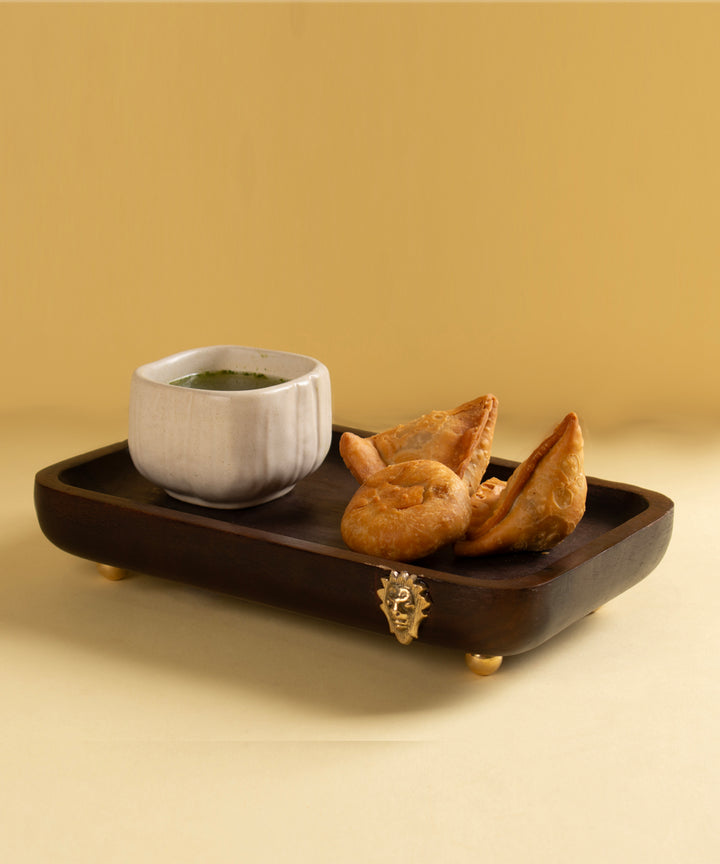 Wooden snack tray with metal stand