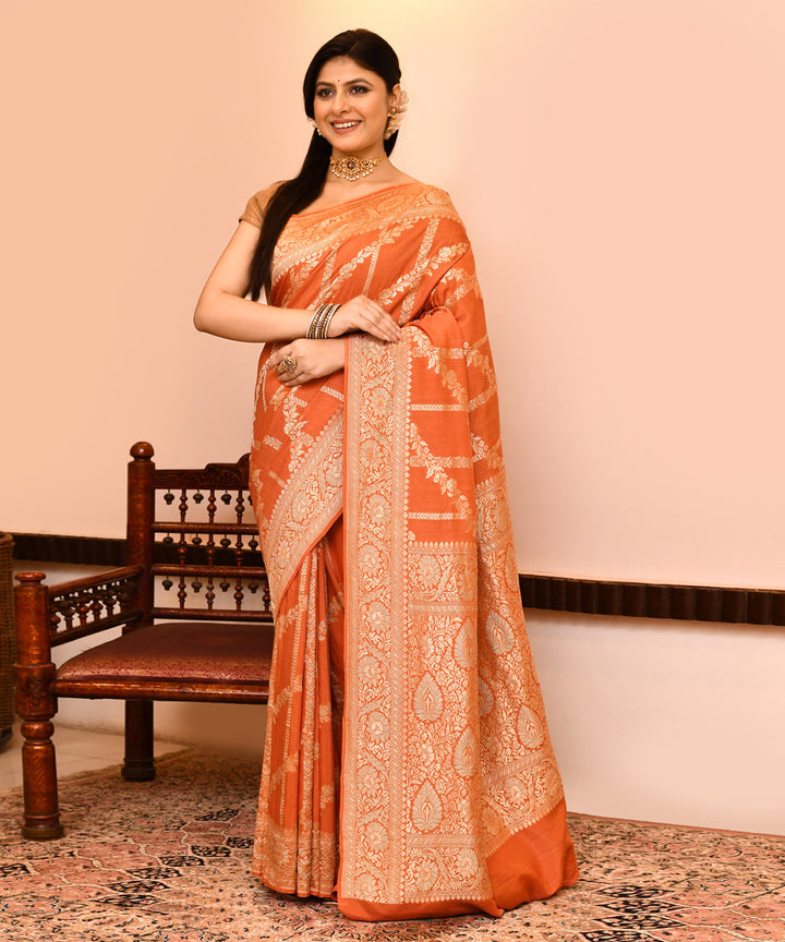 Orange silk handwoven banarasi saree