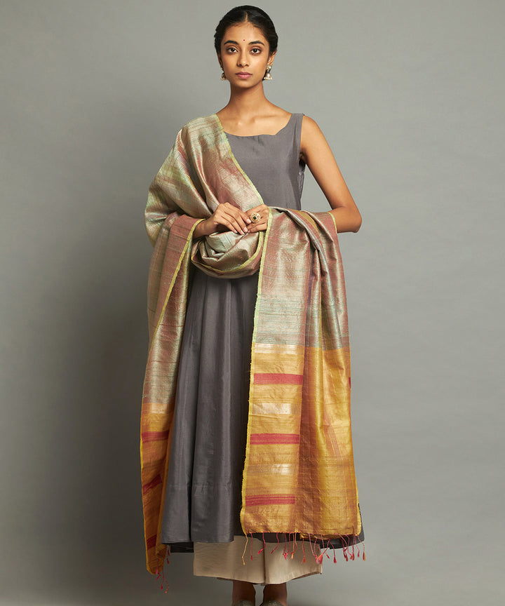 Mint green checkered tussar silk handwoven kosa dupatta