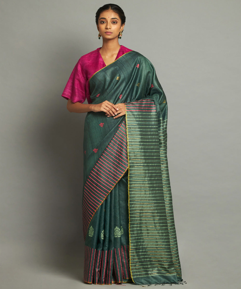 Dark green handwoven kosa silk saree with striped design