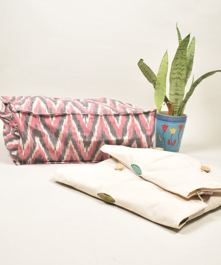 Pink white handcrafted cotton pochampally ikat bag