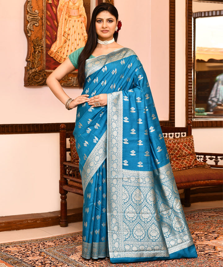 Blue silver buti silk handloom banarasi saree