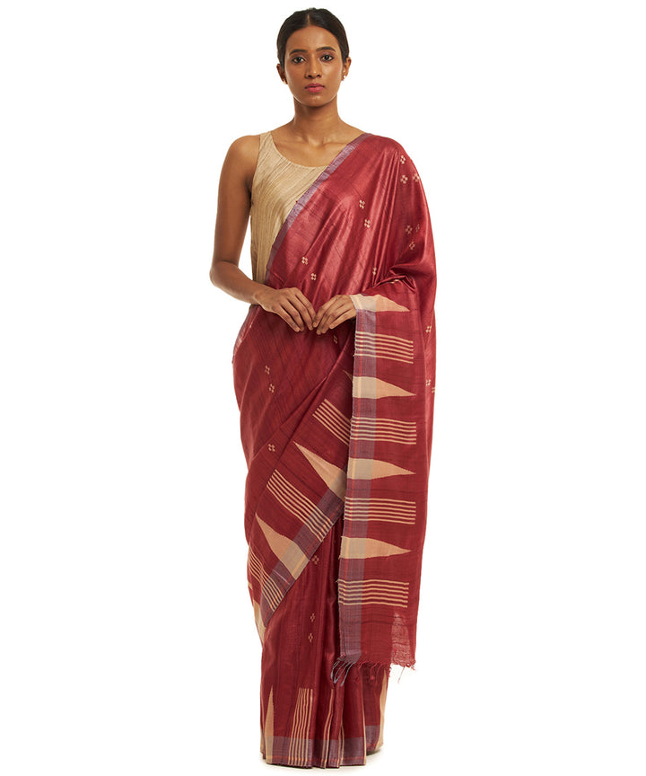 Handwoven red kosa saree with offwhite temple border