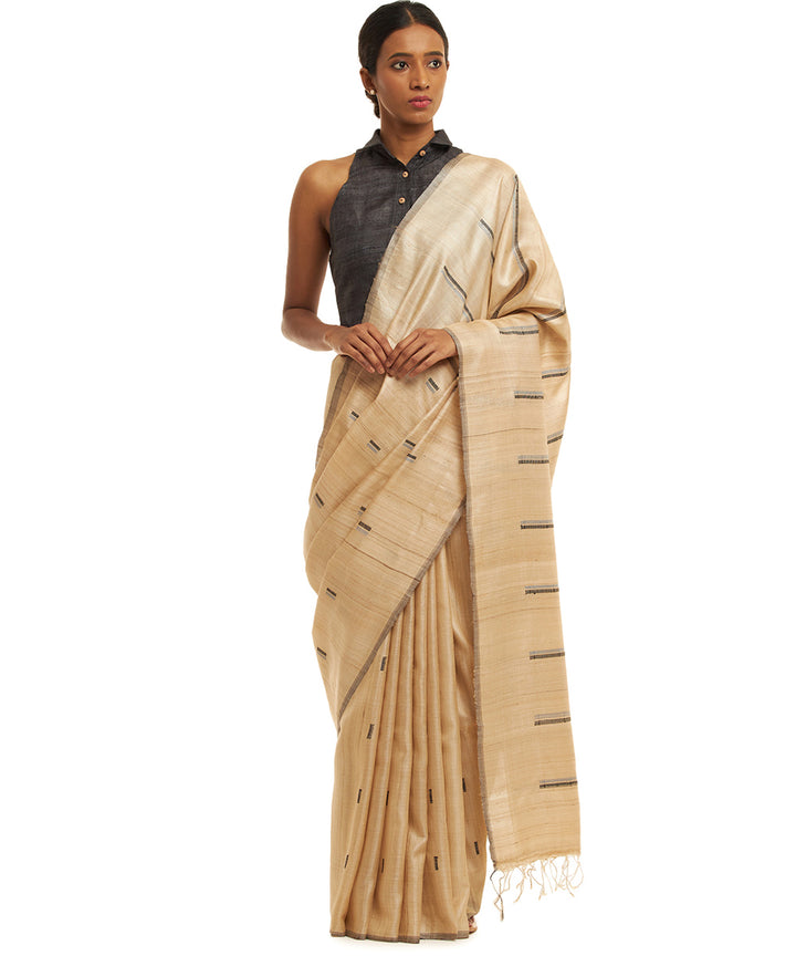 Handwoven natural undyed kosa saree with grey black weft motifs