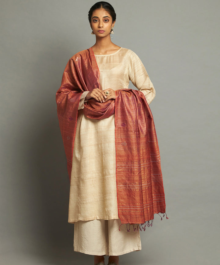 Orange tussar silk handwoven kosa dupatta