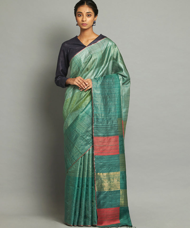 Teal green red handwoven kosa silk saree