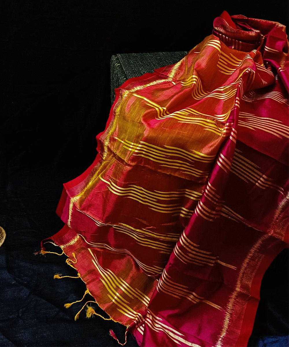 Pink yellow dual shade handwoven silk ikat sambalpuri stole