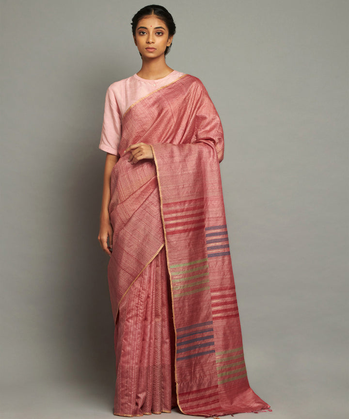 Pink red handwoven kosa silk saree