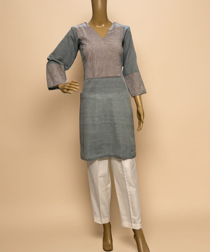 Grey handwoven cotton patchwork short kurti