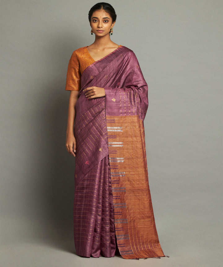 Maroon brown handwoven kosa silk saree