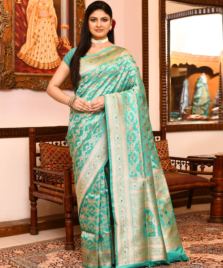 Lime green silk banarasi handwoven saree