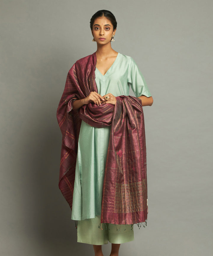 Maroon tussar silk hand loom kosa dupatta