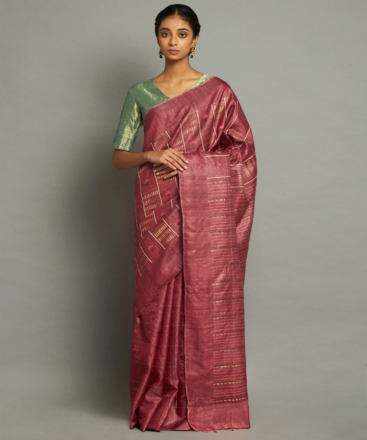 Maroon handwoven kosa silk saree with striped design