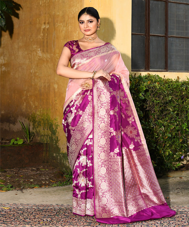 Purle peach silk handwoven banarasi saree