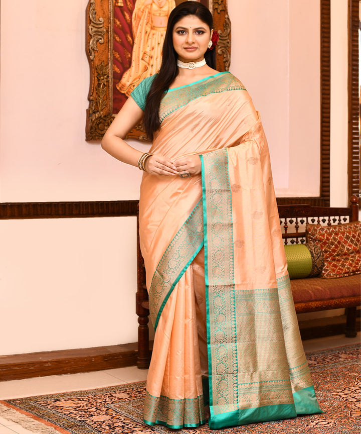 Cream peach silk handwoven banarasi saree