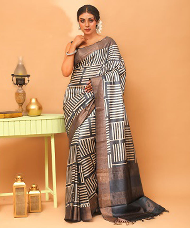 Black white chhattisgarh handloom tussar silk saree