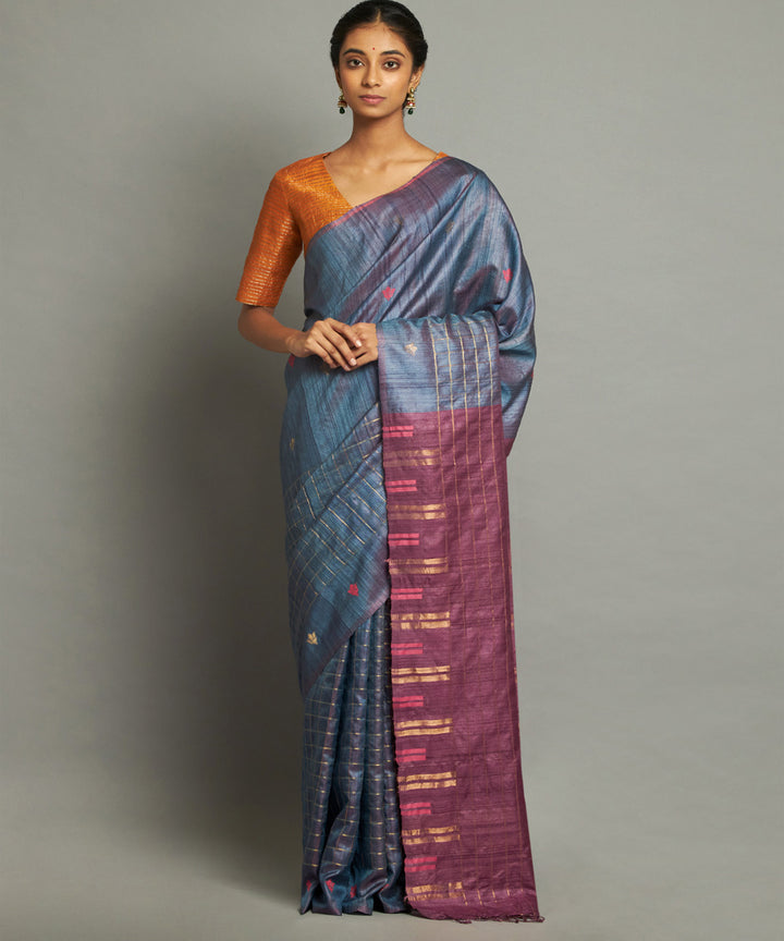 Blue maroon handwoven kosa silk saree