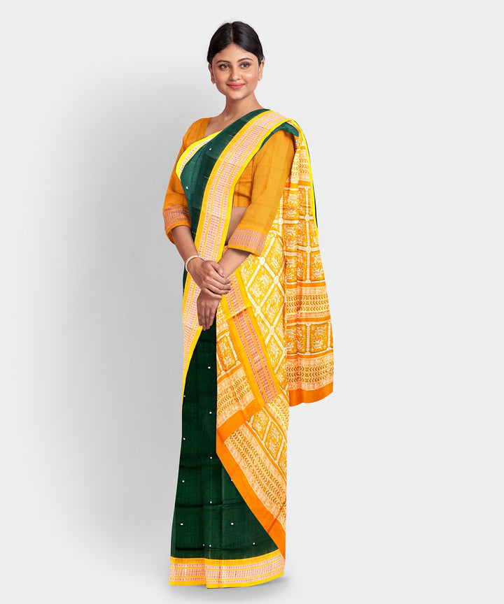Olive green yellow cotton handwoven bomkai saree