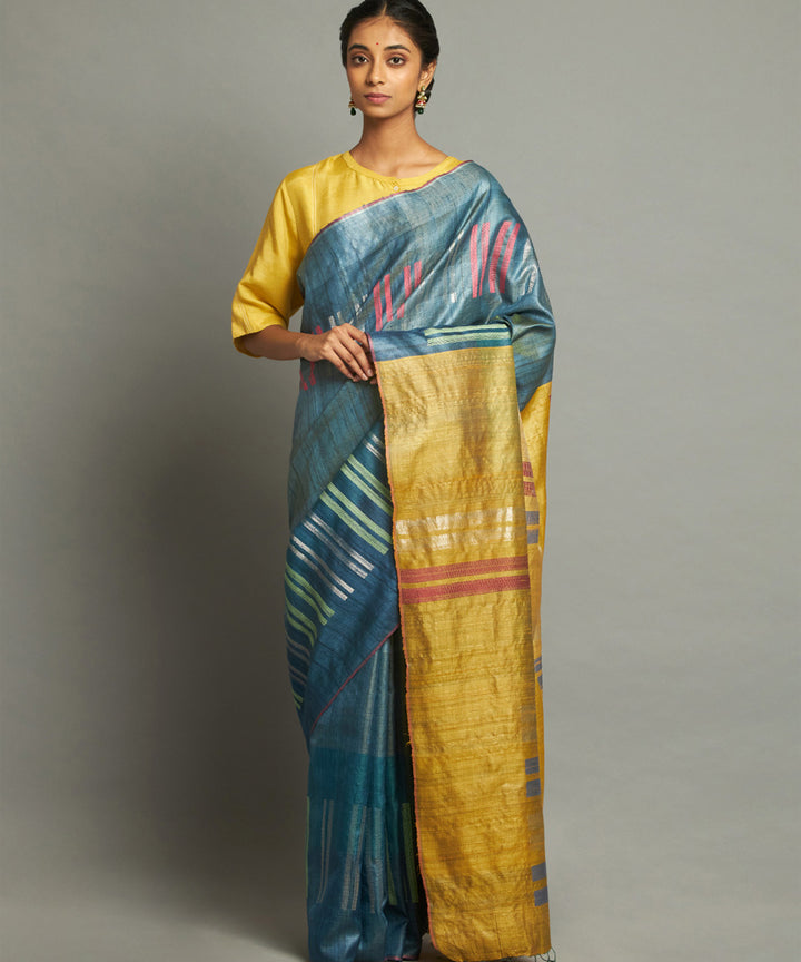 Blue yellow handwoven kosa silk saree