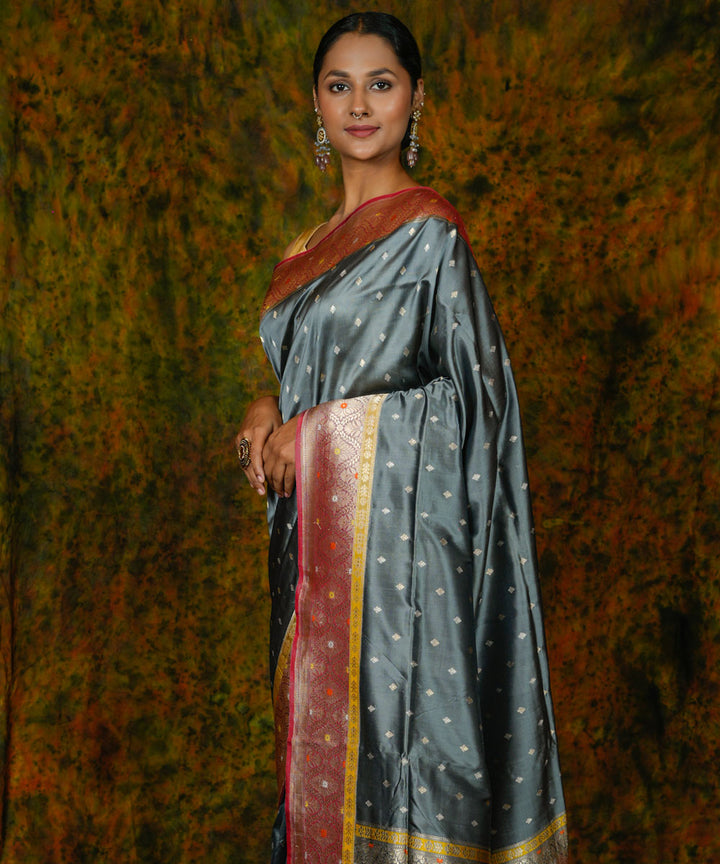 Steel grey silk handwoven banarasi saree