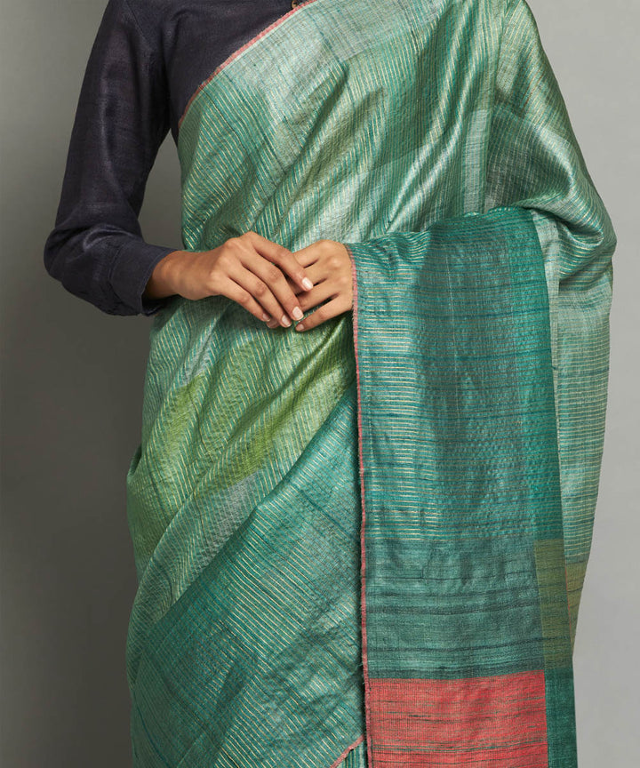 Teal green red handwoven kosa silk saree