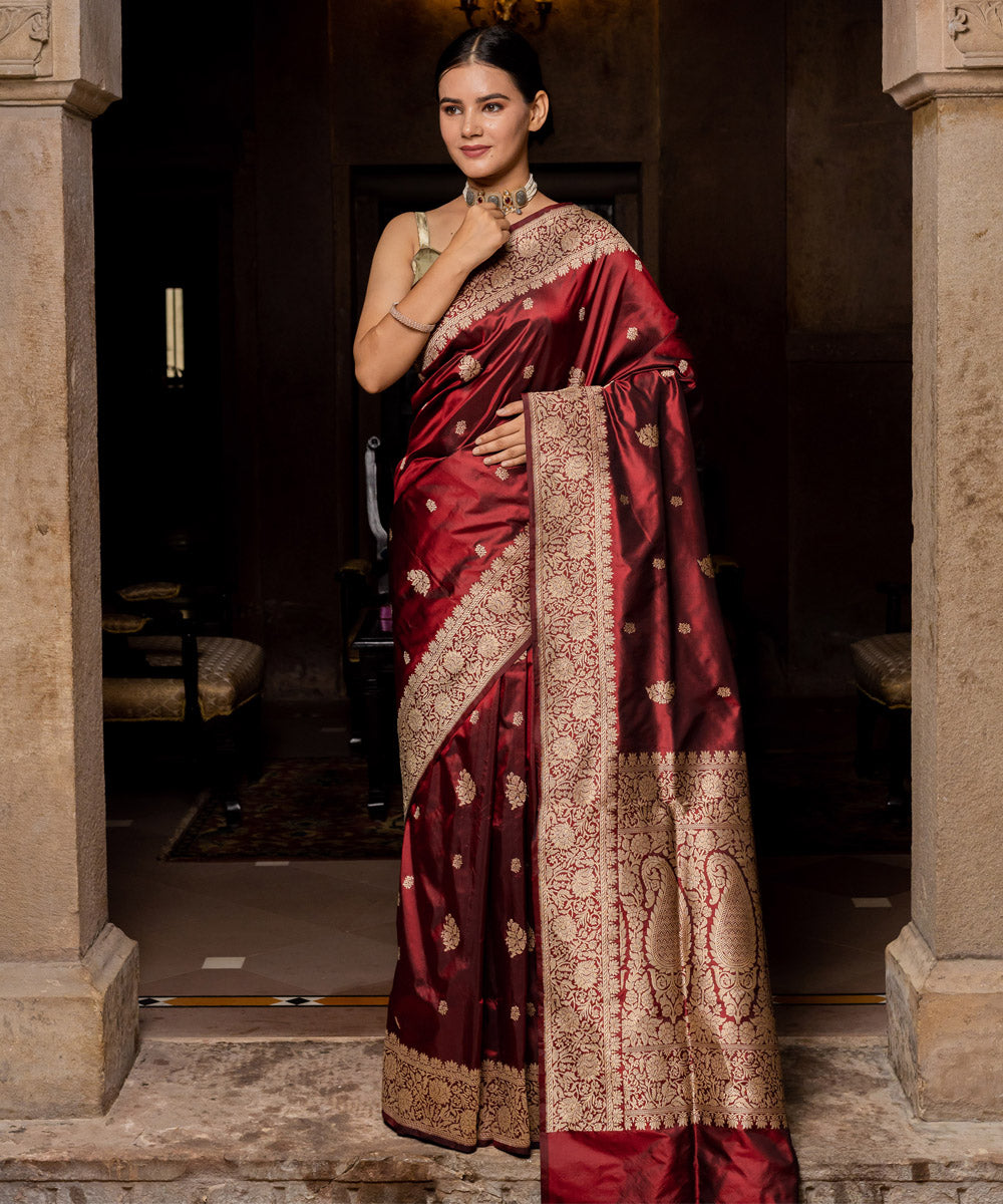 Maroon handwoven silk banarasi saree - Main Image