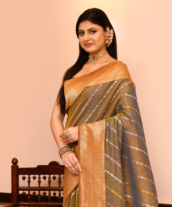 Grey yellow dual tone silk handwoven banarasi saree