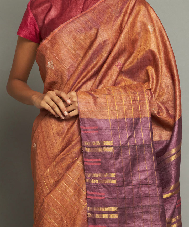 Brown purple handwoven kosa silk saree