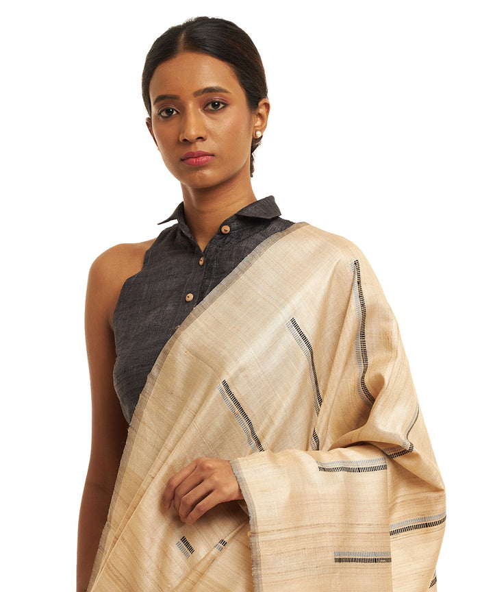 Handwoven natural undyed kosa saree with grey black weft motifs