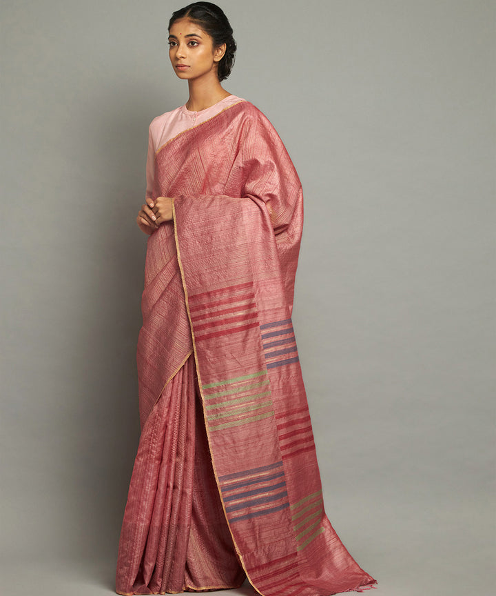 Pink red handwoven kosa silk saree