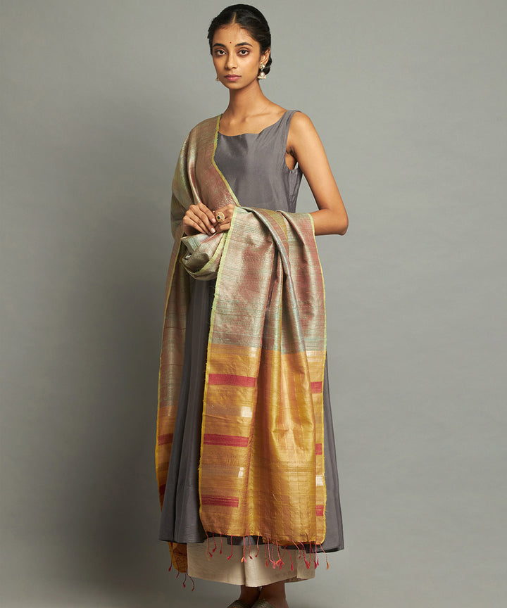 Mint green checkered tussar silk handwoven kosa dupatta