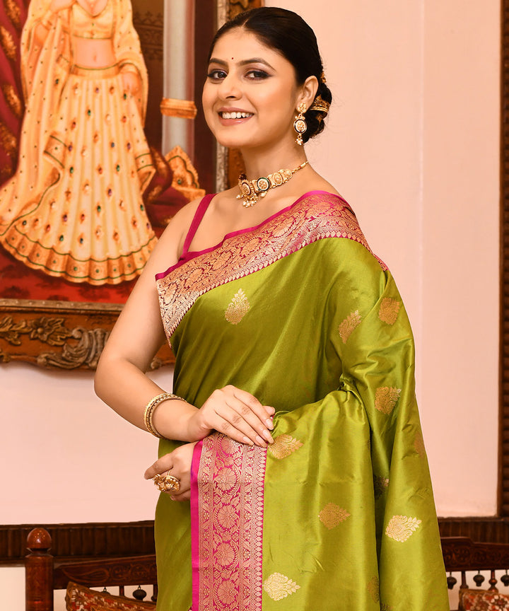 Parrot green silk handwoven banarasi saree