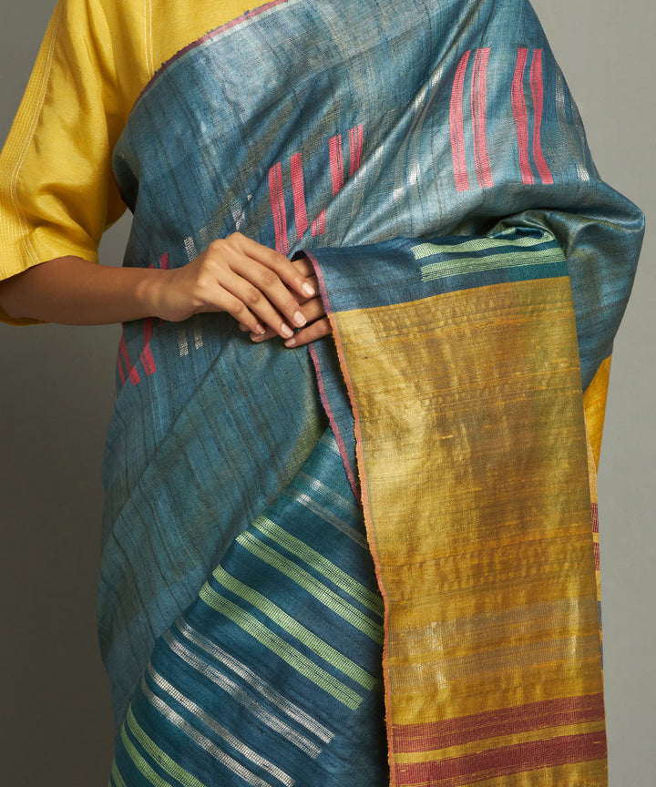 Blue yellow handwoven kosa silk saree