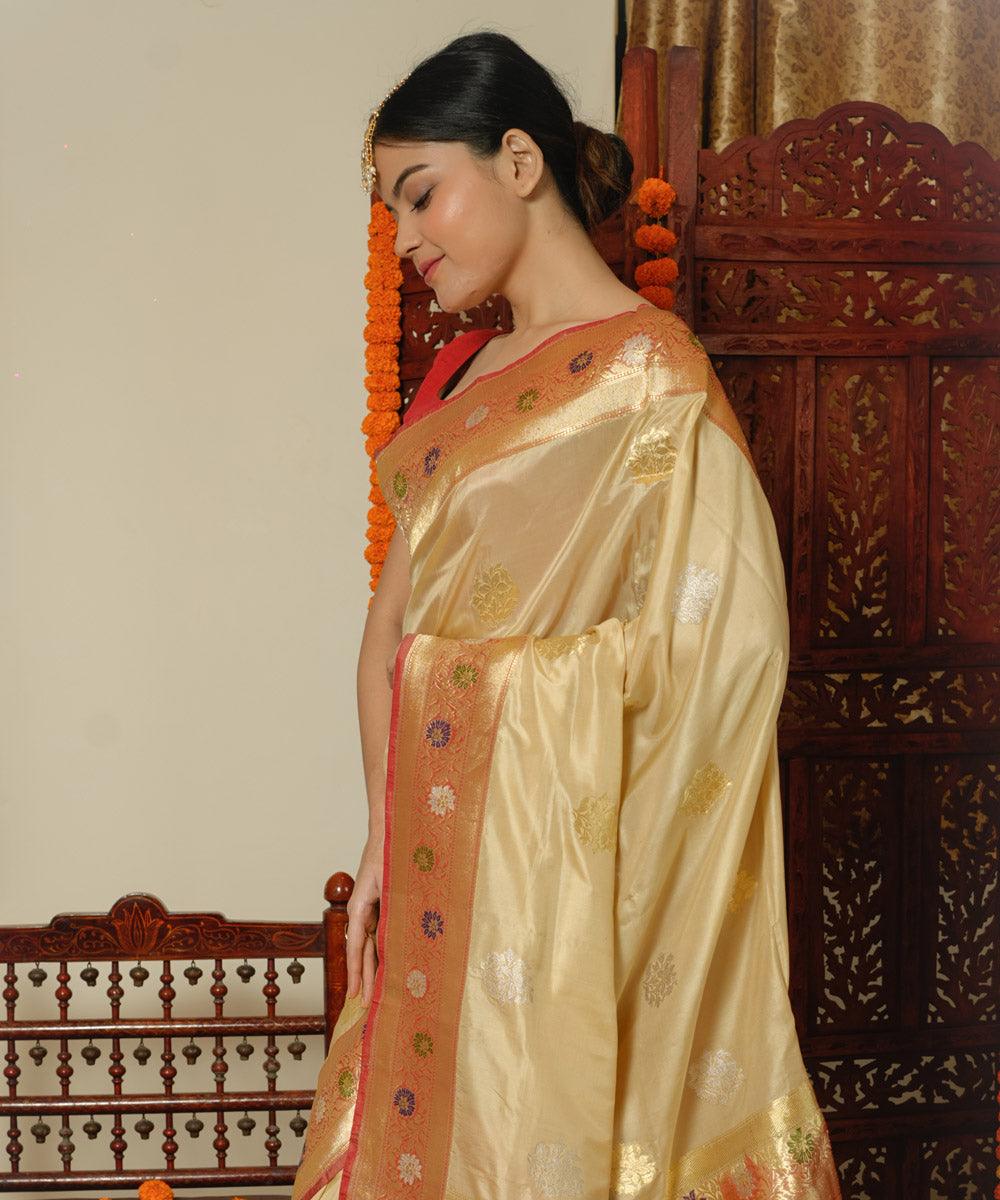 Cream red silk handwoven banarasi saree
