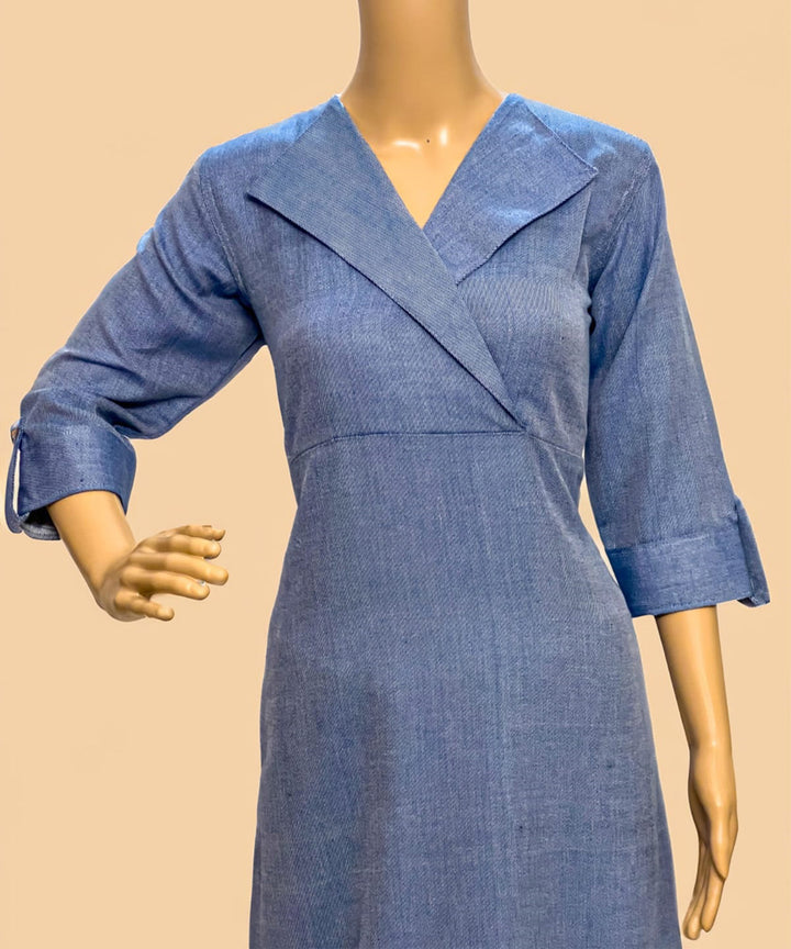 Blue handwoven cotton peaked lapel collar kurti