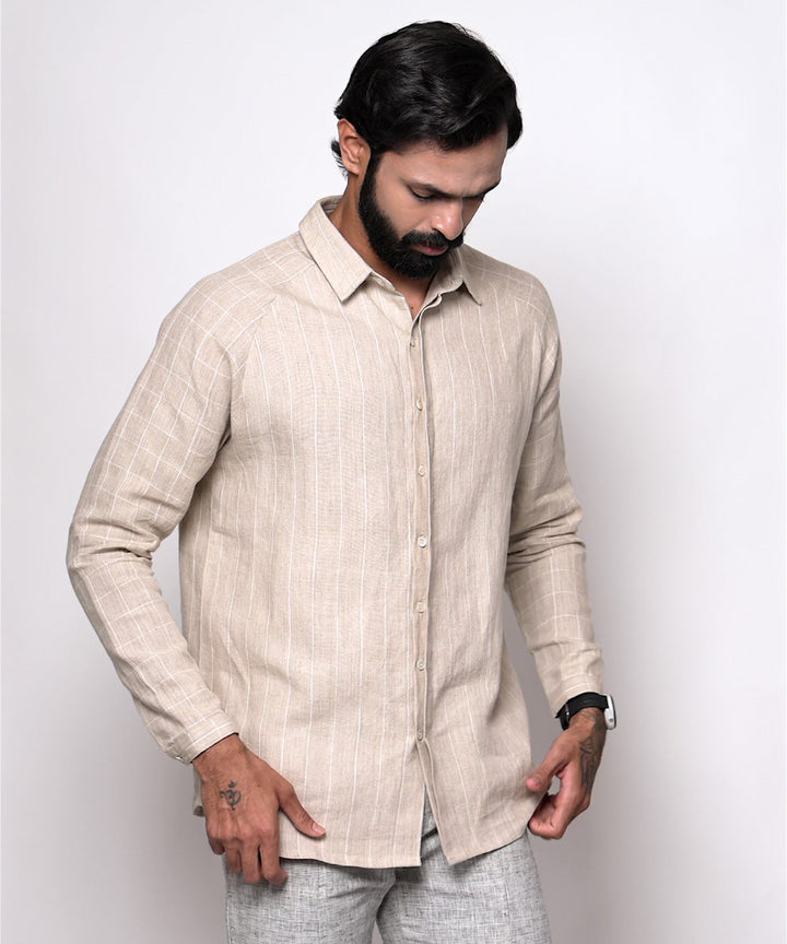 Beige stripes checks handwoven linen shirt