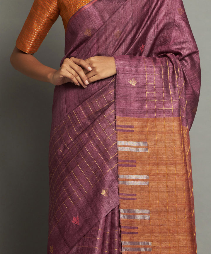 Maroon brown handwoven kosa silk saree