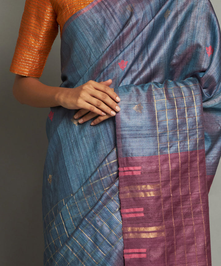 Blue maroon handwoven kosa silk saree