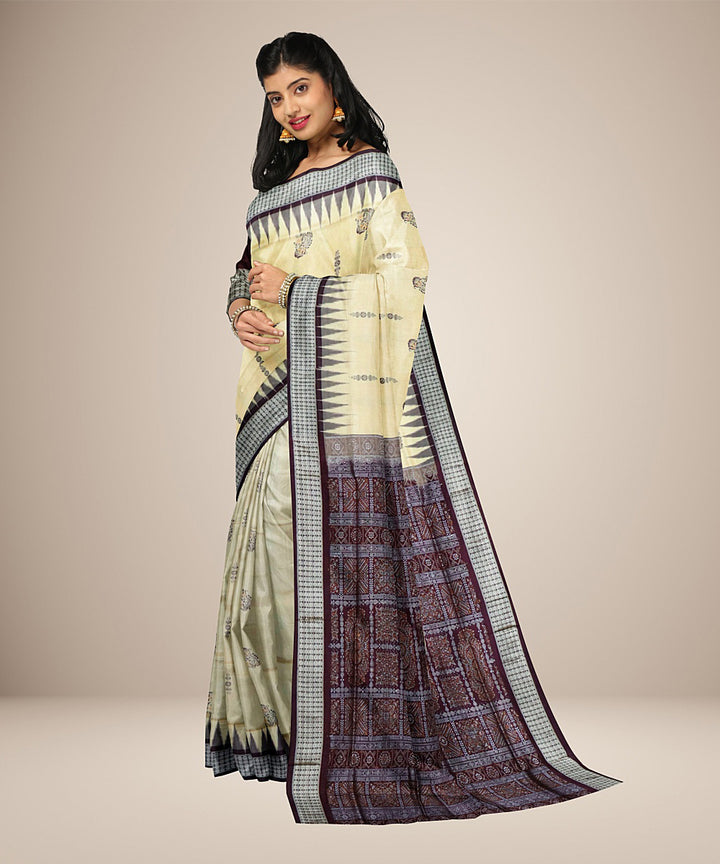 Off white dark brown silk handwoven bomkai saree