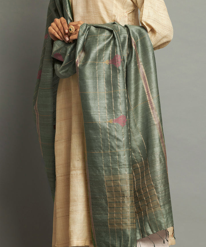 Mint green tussar silk handwoven kosa dupatta