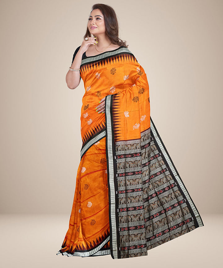 Amber ornage black silk handwoven bomkai saree