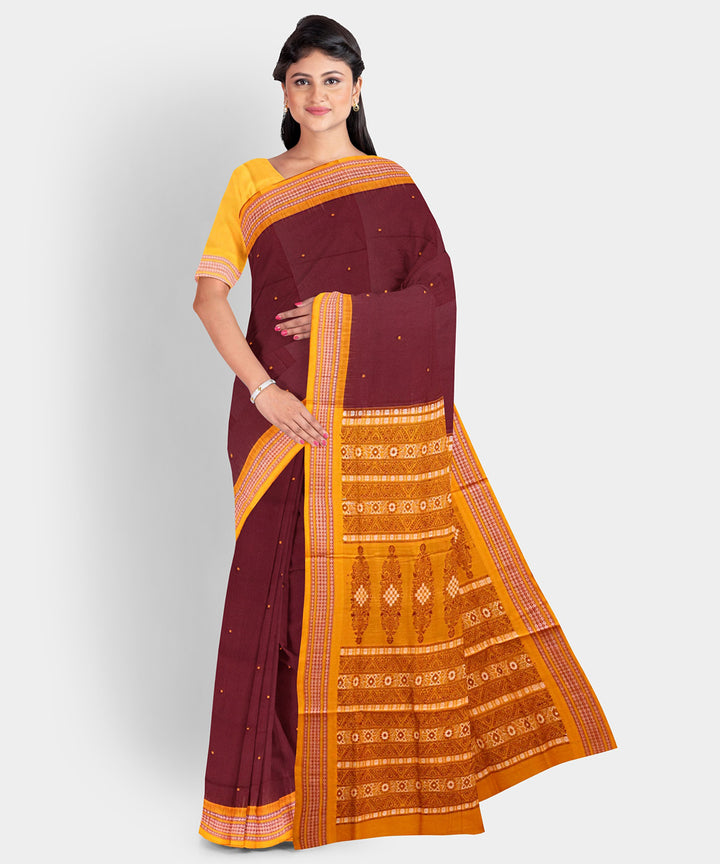 Chocolate cosmos metallic orange cotton handwoven bomkai saree