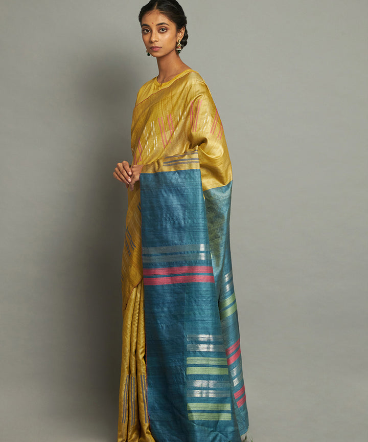 Yellow blue handwoven kosa silk saree